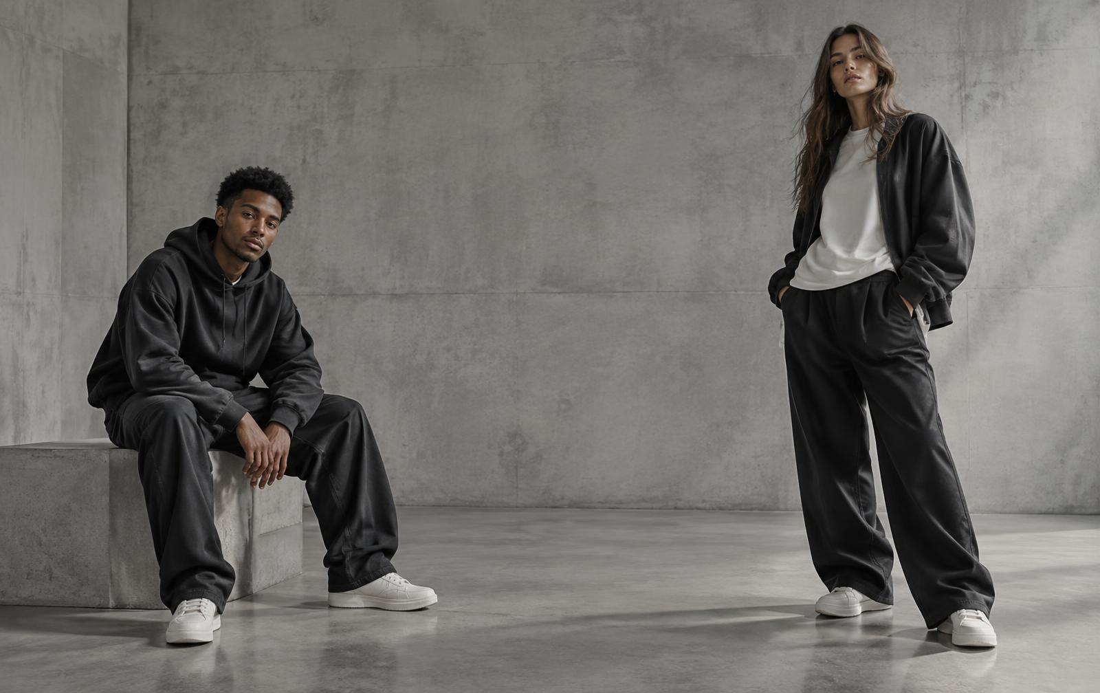 SAINT LOVE campagne met twee modellen in monochrome streetwear